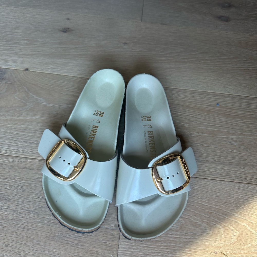 Madrid Big Buckle Birkenstock White Sandals with Gold Buckle